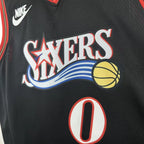 Philadelphia 76ers 2025-26 throwback edition basketball jersey close-up of moisture-wicking fabric texture in black for basketball fans