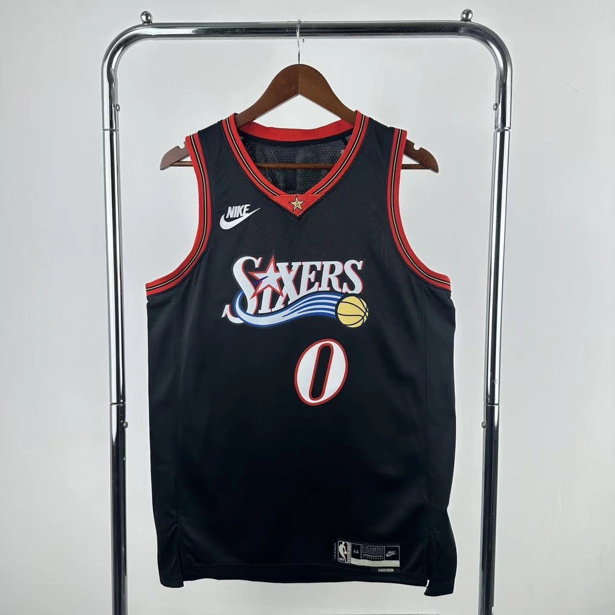Philadelphia 76ers 2025-26 throwback edition basketball jersey front view in black for basketball fans