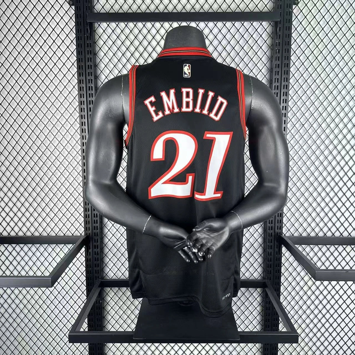 Philadelphia 76ers 2025-26 #21 Joel Embiid - 2025-26 Throwback White basketball jersey close-up of collar and neckline stitching in white for basketball fans