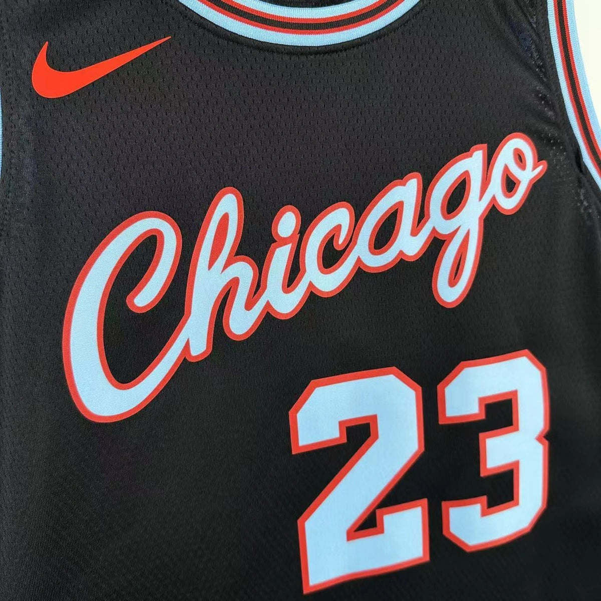 Chicago Bulls 2025-26 city edition basketball jersey close-up of collar and neckline stitching in team colors for basketball fans