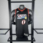 Philadelphia 76ers 2025-26 throwback edition basketball jersey angled front view in black for basketball fans