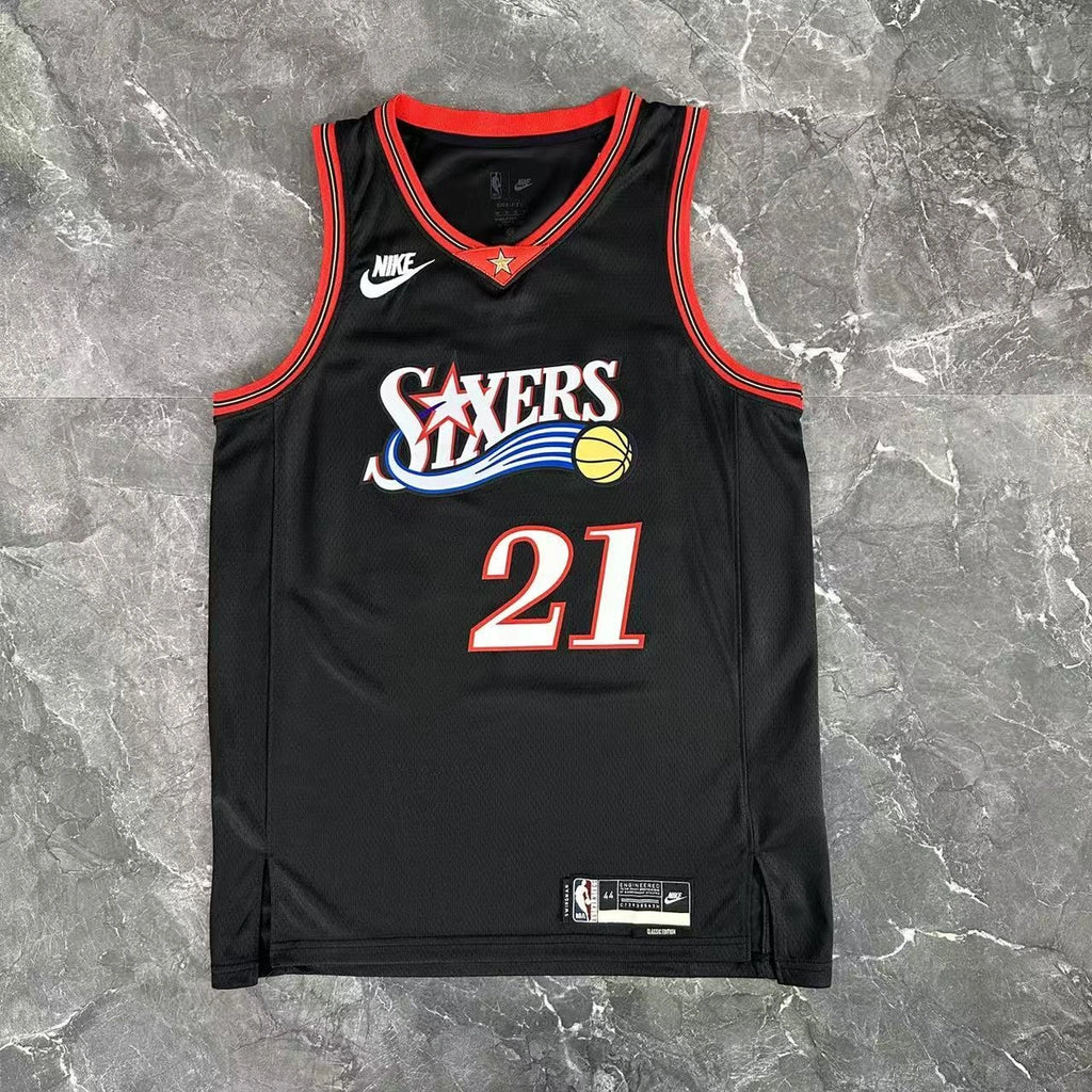 Philadelphia 76ers 2025-26 #21 Joel Embiid - 2025-26 Throwback White basketball jersey close-up of moisture-wicking fabric texture in white for basketball fans
