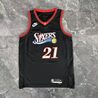 Philadelphia 76ers 2025-26 #21 Joel Embiid - 2025-26 Throwback White basketball jersey close-up of moisture-wicking fabric texture in white for basketball fans