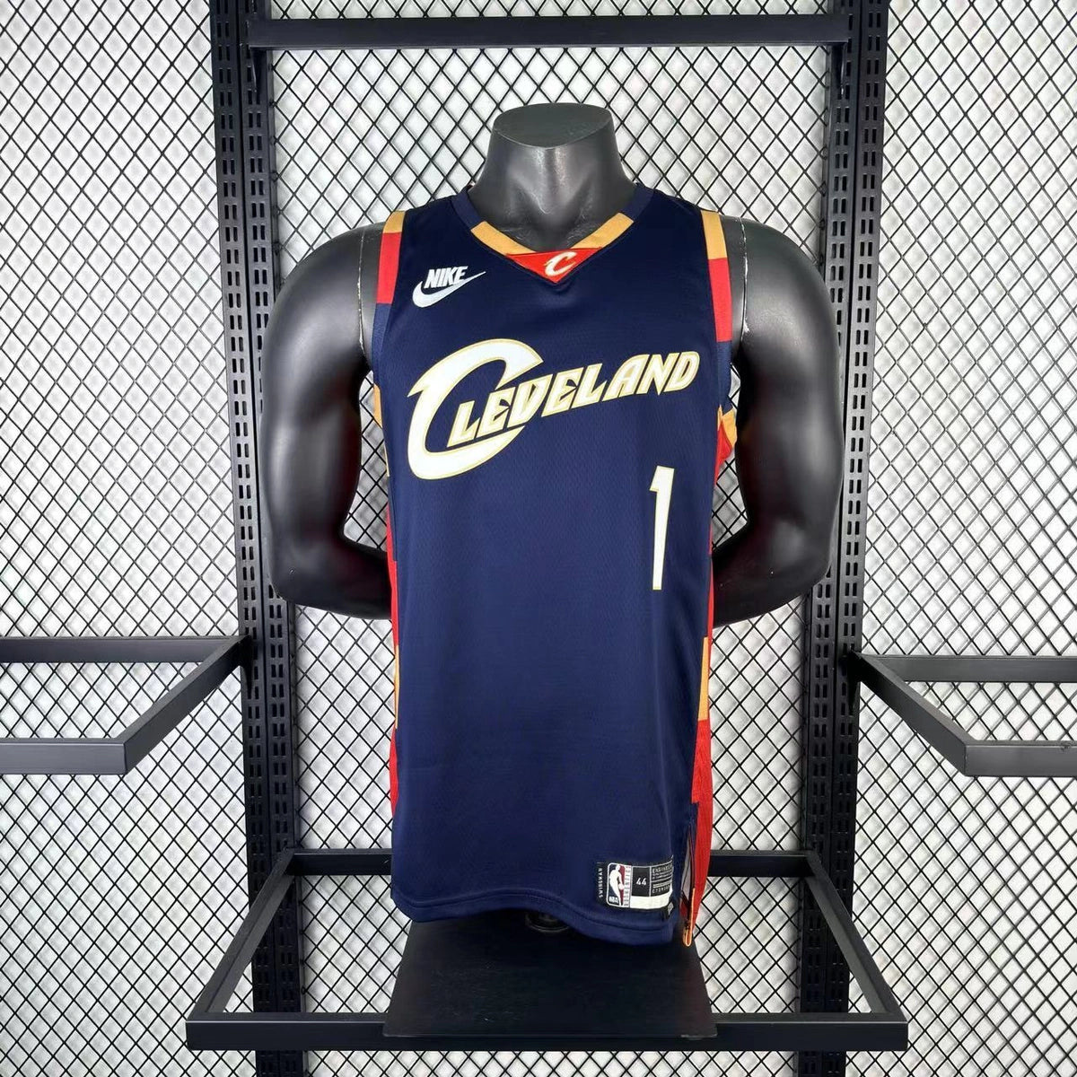 Cleveland Cavaliers 2025-26 throwback edition basketball jersey close-up of team logo embroidery in team colors for basketball fans