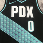 Portland Trail Blazers 2025-26 city edition basketball jersey close-up of collar and neckline stitching in team colors for basketball fans