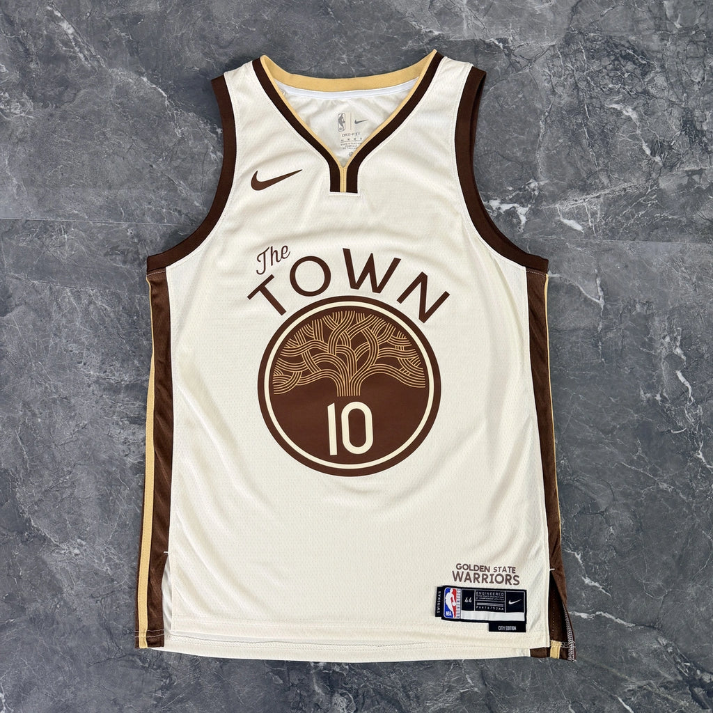 Golden State Warriors 2025-26 city edition basketball jersey close-up of collar and neckline stitching in team colors for basketball fans