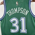 Dallas Mavericks 2025-26 throwback edition basketball jersey close-up of collar and neckline stitching in green for basketball fans