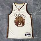 Golden State Warriors 2025-26 city edition basketball jersey close-up of team logo embroidery in team colors for basketball fans