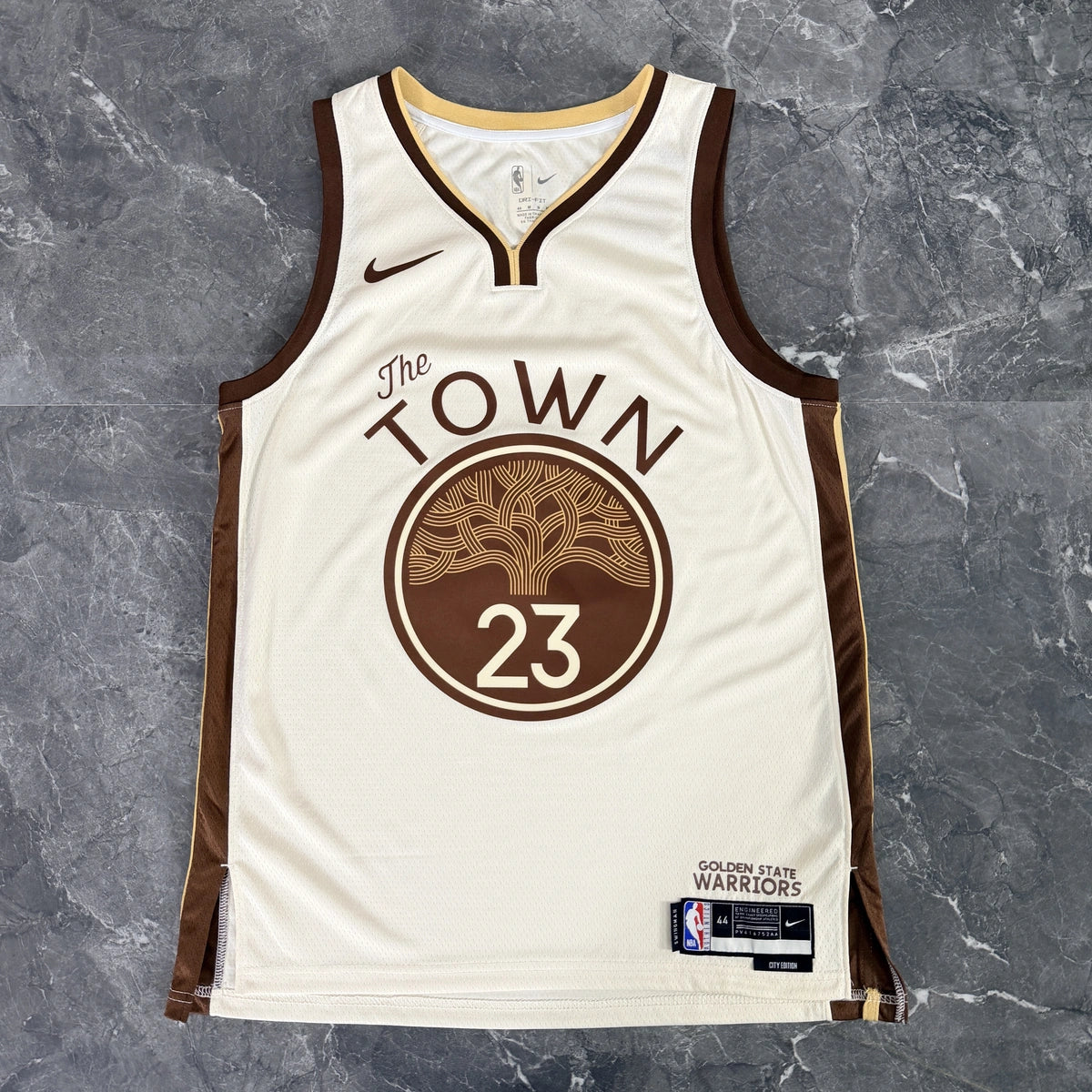 Golden State Warriors 2025-26 city edition basketball jersey close-up of team logo embroidery in team colors for basketball fans