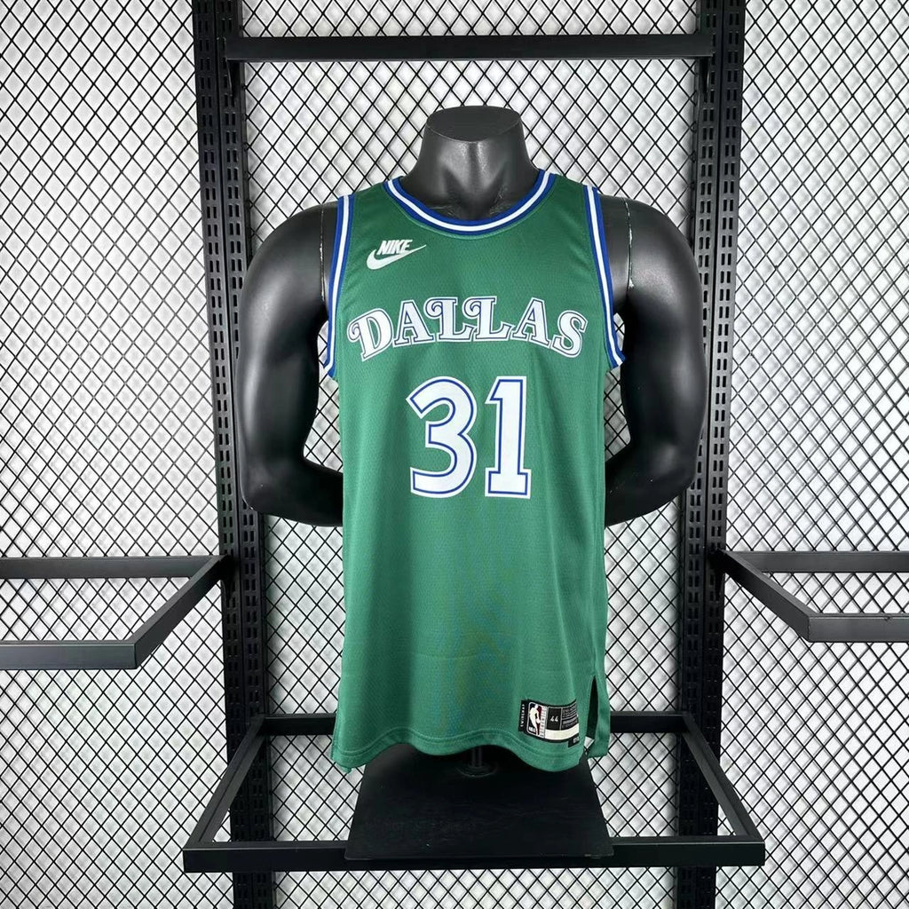 Dallas Mavericks 2025-26 throwback edition basketball jersey side angle view in green for basketball fans