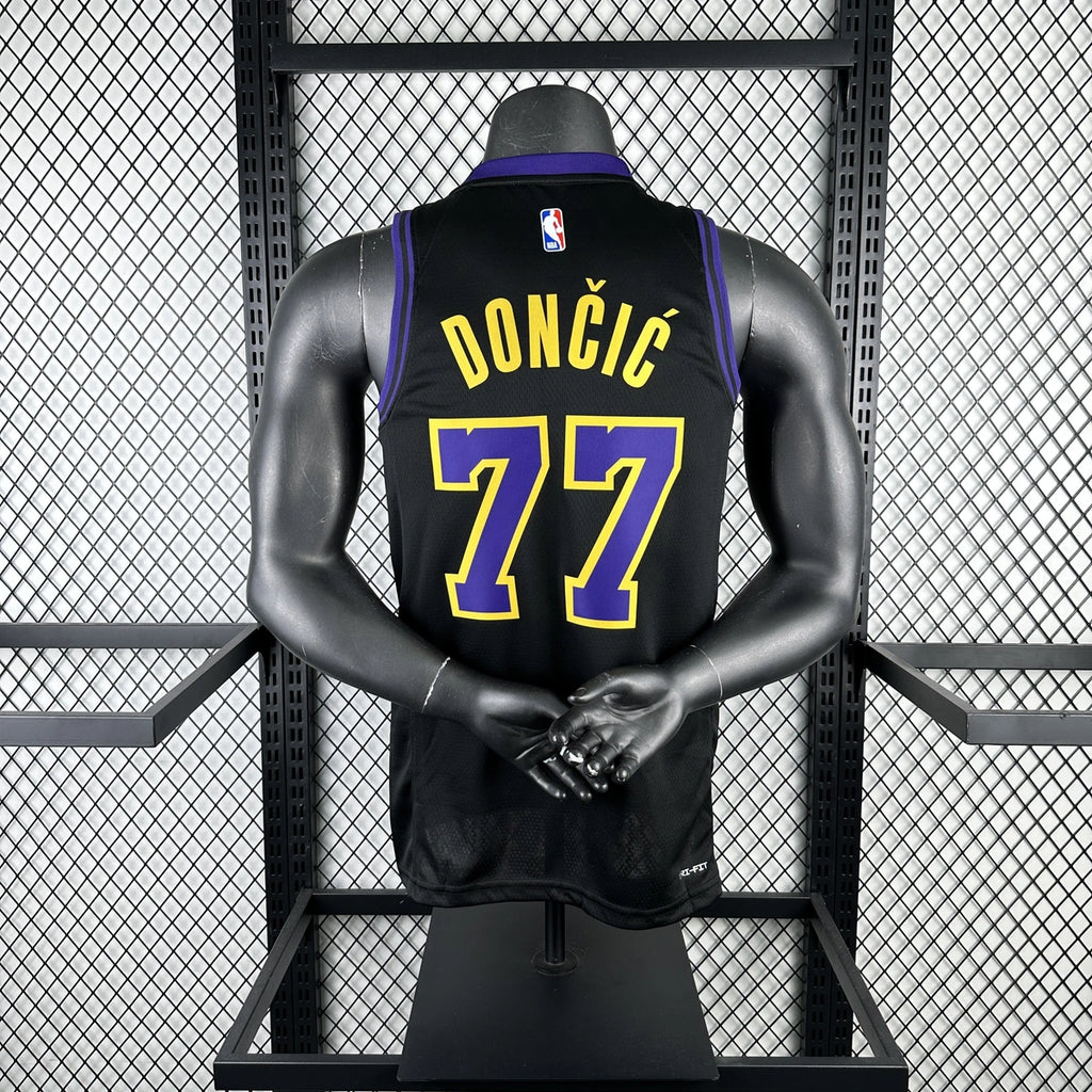 Los Angeles Lakers 2025-26 city edition basketball jersey angled front view in team colors for basketball fans