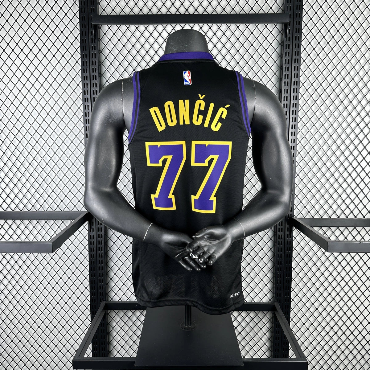 Los Angeles Lakers 2025-26 city edition basketball jersey angled front view in team colors for basketball fans