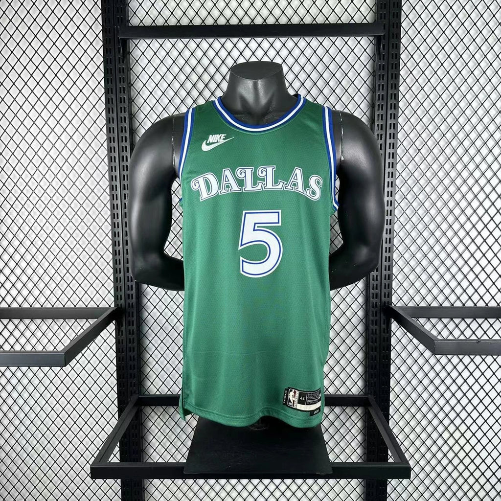 Dallas Mavericks 2025-26 throwback edition basketball jersey side angle view in green for basketball fans