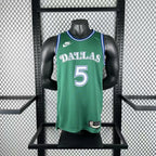 Dallas Mavericks 2025-26 throwback edition basketball jersey side angle view in green for basketball fans